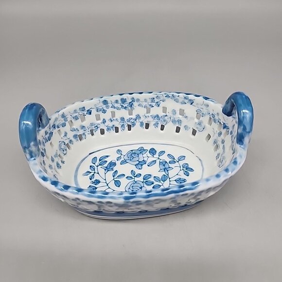 Reticulated Canton Nanking Chinese Export Chestnut Floral Basket Handles - Picture 1 of 6